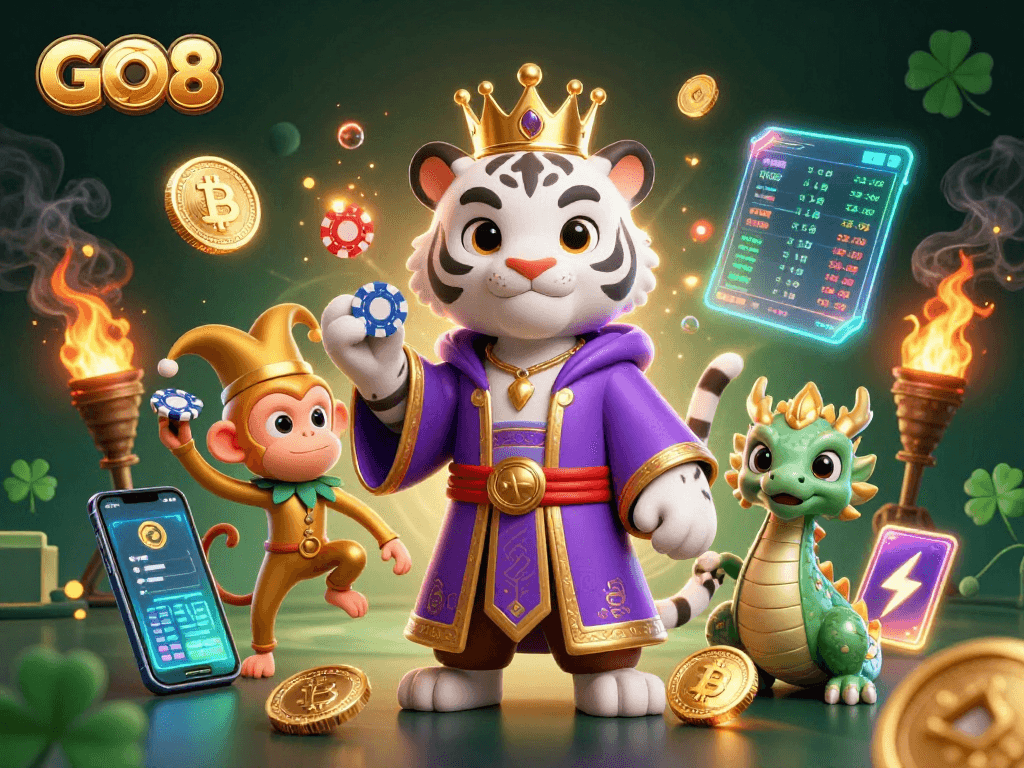 Experience thrilling casino action with GO8's vibrant characters and crypto elements seamlessly integrated.