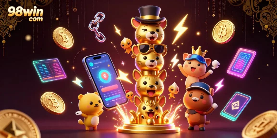 Experience the vibrant energy of 98win com with a unique 3D casino-themed illustration featuring animated characters.