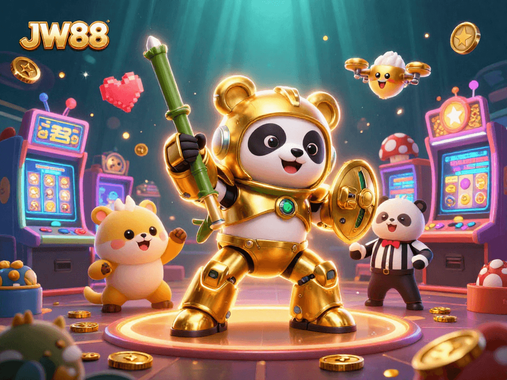 Experience JW88 excitement with a golden panda pilot in a lively casino scene filled with slot machines and cheering fans.