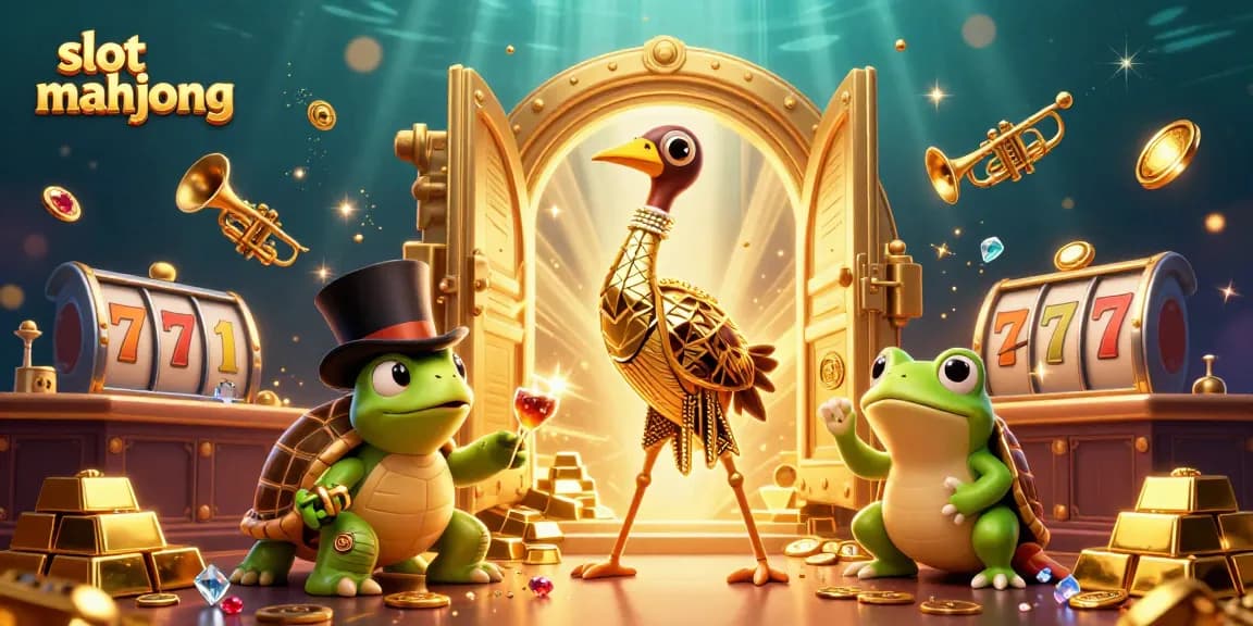 Spin the slot mahjong reels with gold and gems surrounding 3D cartoon characters in a vibrant scene.