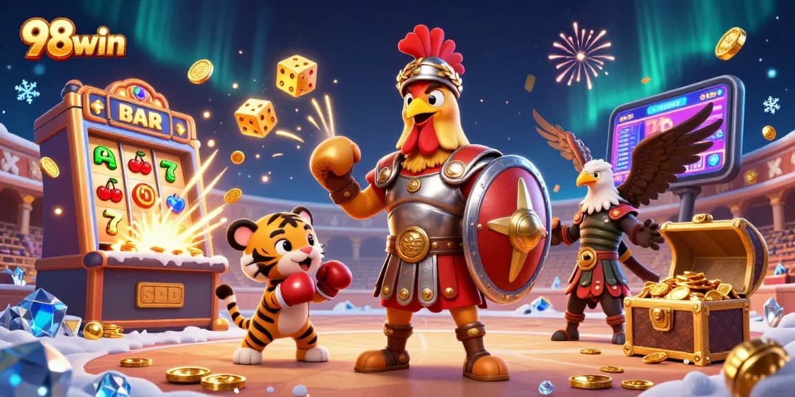 Experience thrilling gameplay with 98win as characters celebrate around a jackpot jackpot explosion.
