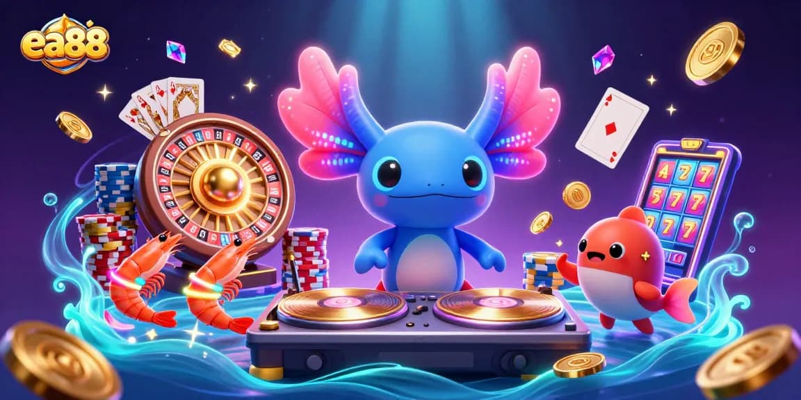 ea88 players enjoy vibrant underwater casino games with musical axolotl DJ and dancing shrimp.