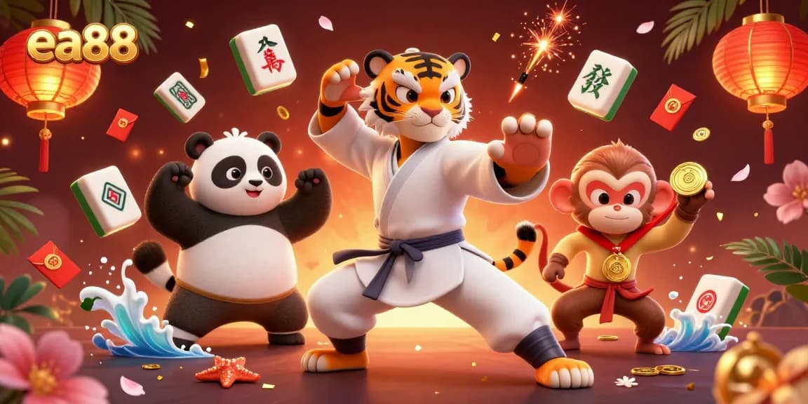 Engage with ea88's thrilling fun as a tiger master teaches, surrounded by symbols of luck and celebration.