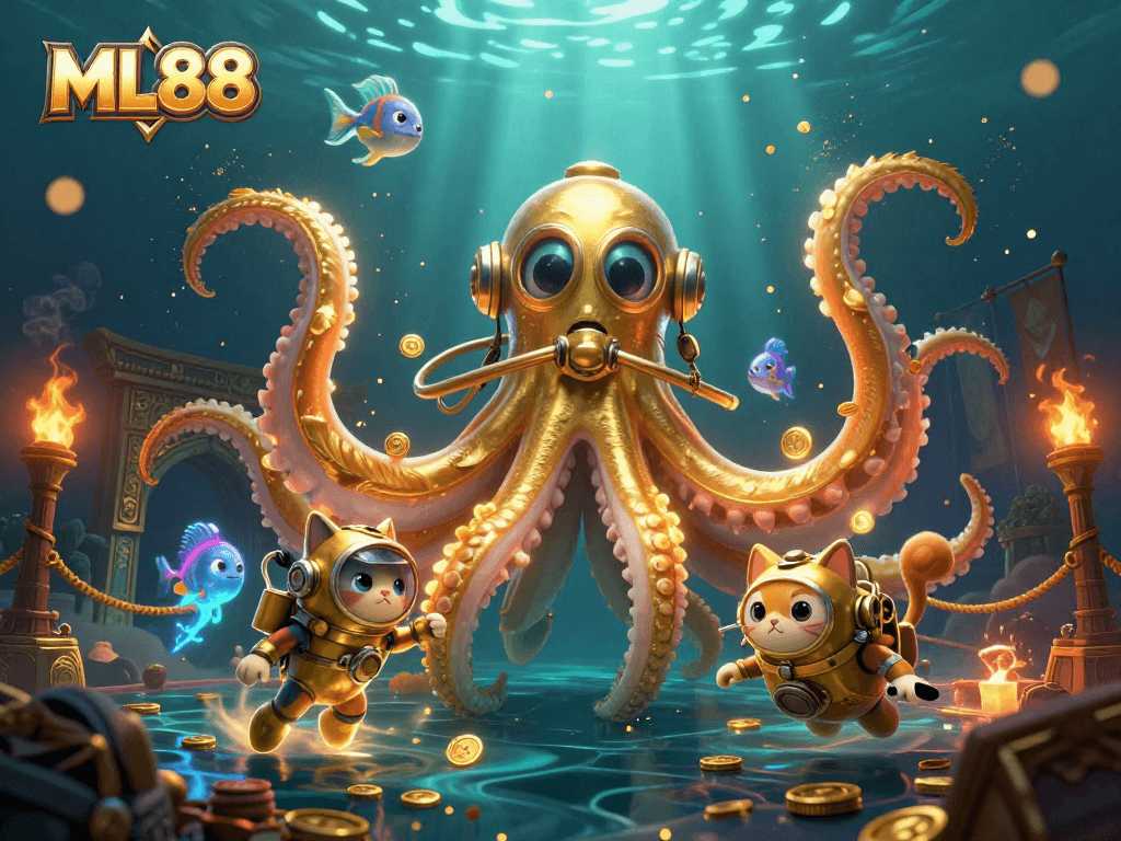 Experience thrilling gameplay at ML88 featuring a giant kraken and diving cat in a treasure-filled ocean.