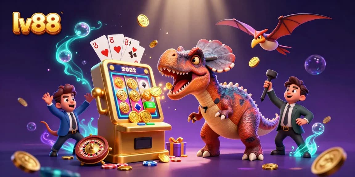Experience thrilling gameplay at lv88 with cartoon dinosaurs in a jackpot scene, capturing coins in a vibrant setting.