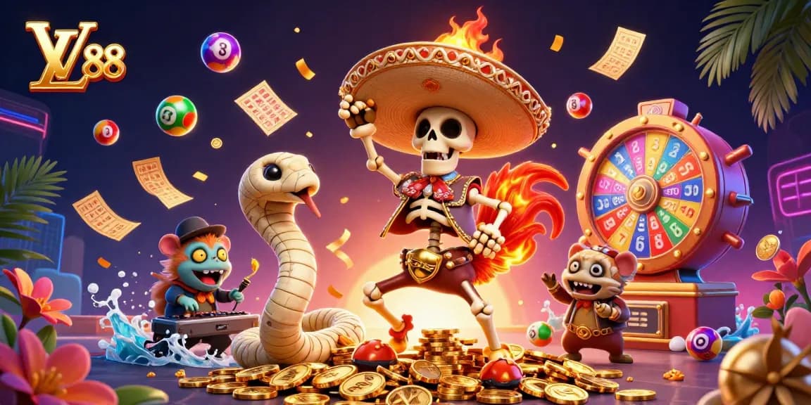 Experience LV 88 delights with golden coins and dynamic lottery elements in this vibrant casino scene.