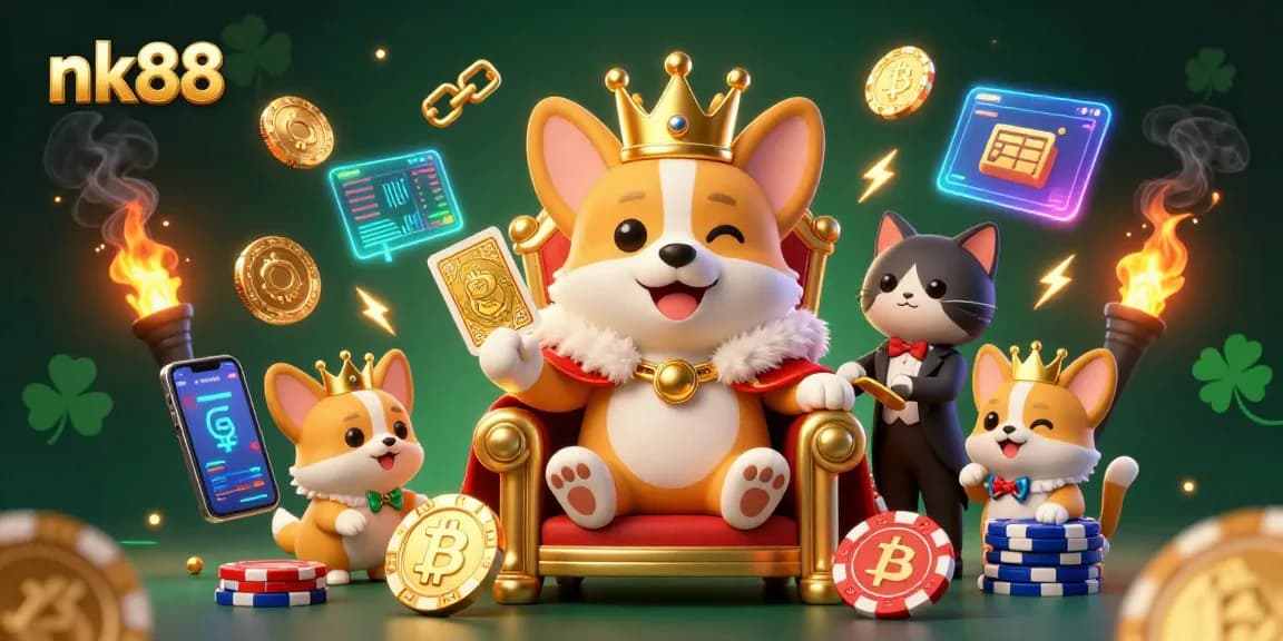 Experience the excitement of nk88 with royal gaming imagery featuring crowned corgis and crypto coins.