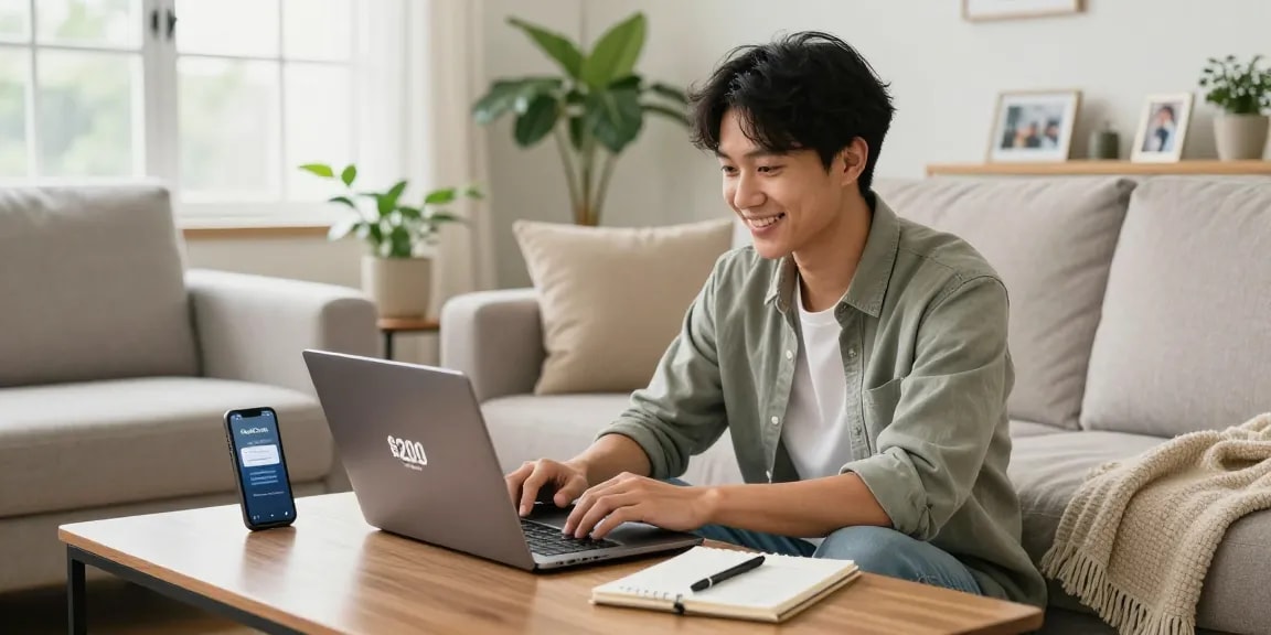 Young professional applying for a $200 loan online with RadCred in a cozy living room, exuding a supportive atmosphere.