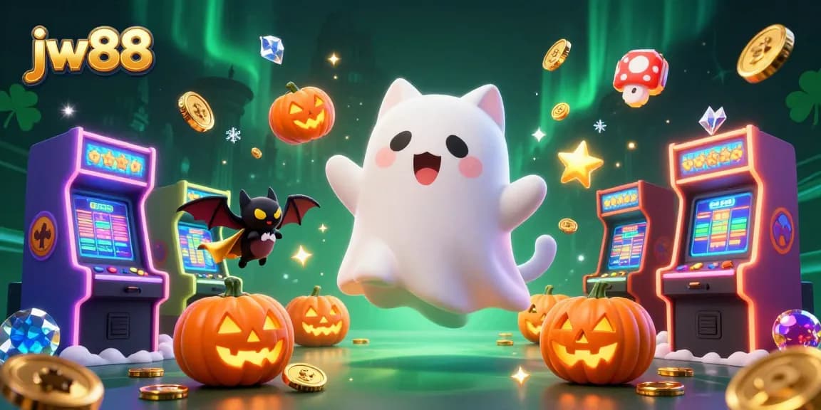 Engage with jw88 in a vibrant casino scene featuring ghost cat and bat companions amid dazzling game elements.