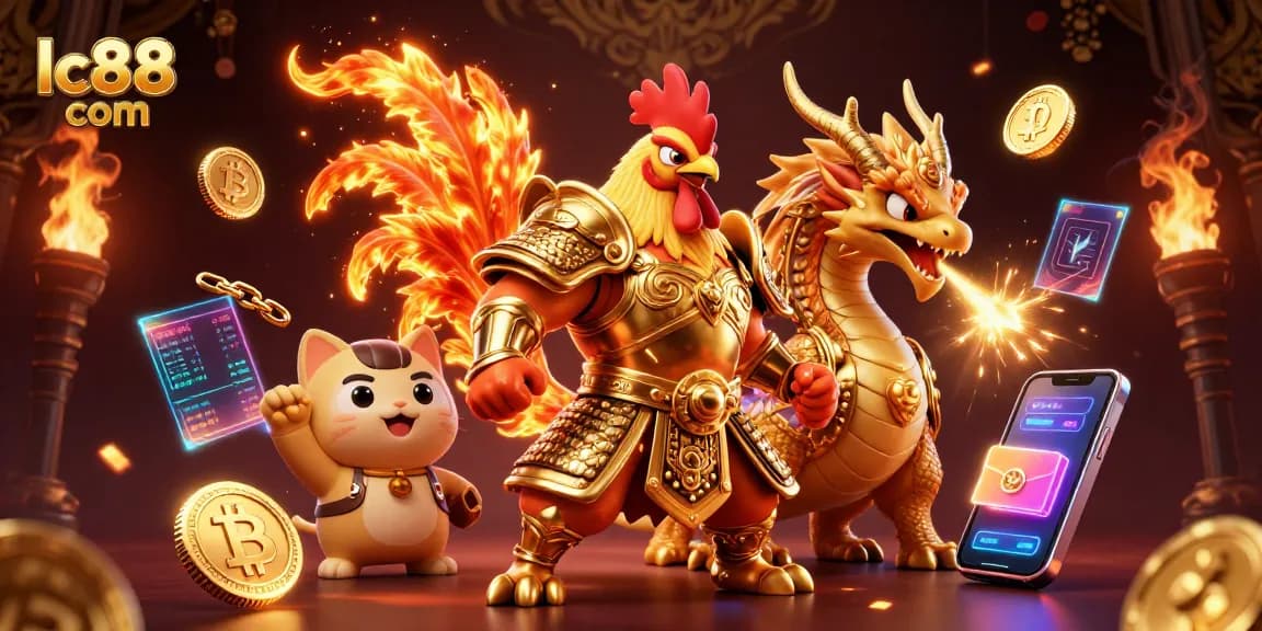 Experience the thrill of lc88 com with a powerful rooster warrior and golden dragon hatchling in this exciting casino scene.