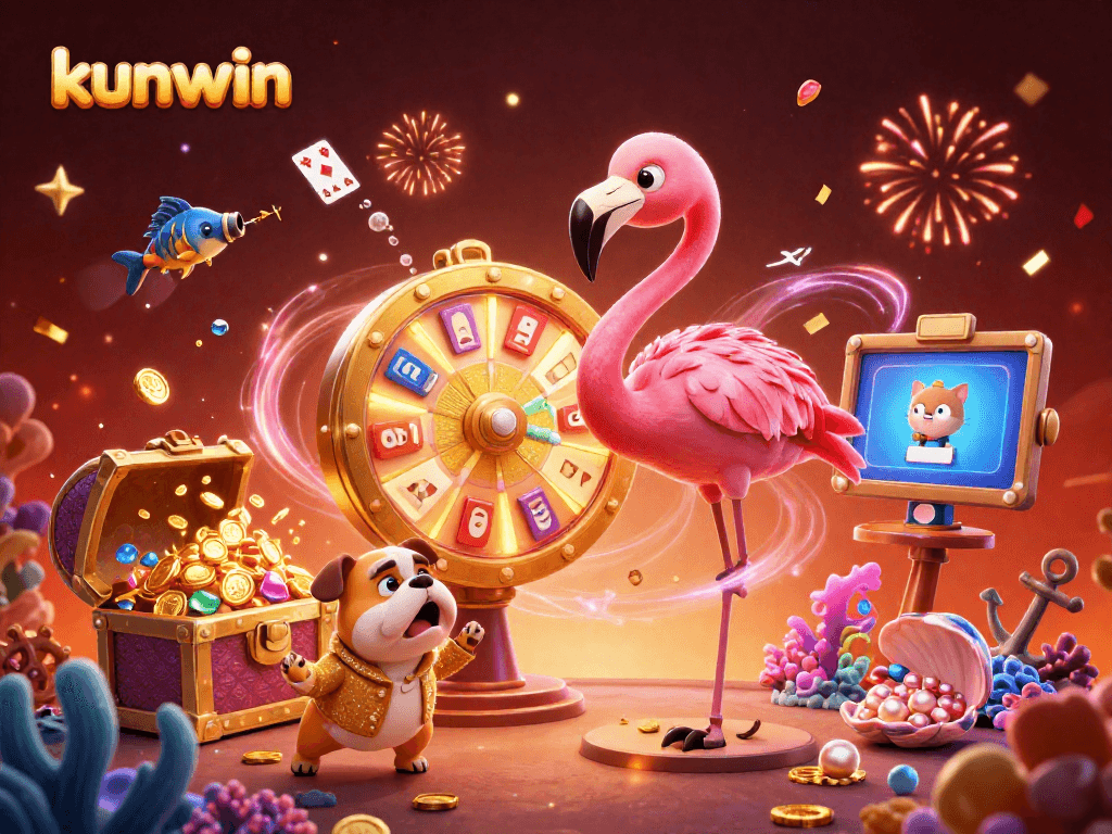 Engage in thrilling gameplay at kunwin with our vibrant, ultra-detailed 3D casino illustration showcasing fun characters and games!