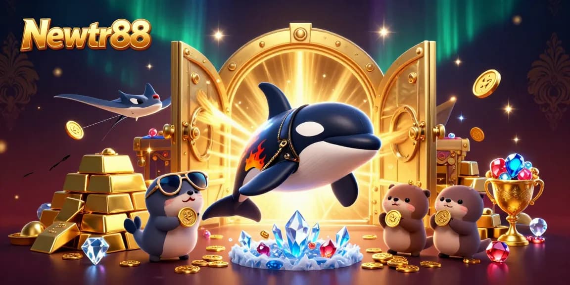 Newtr88 promotes exciting gaming action with cartoon orca, stingray, and otters among treasures.