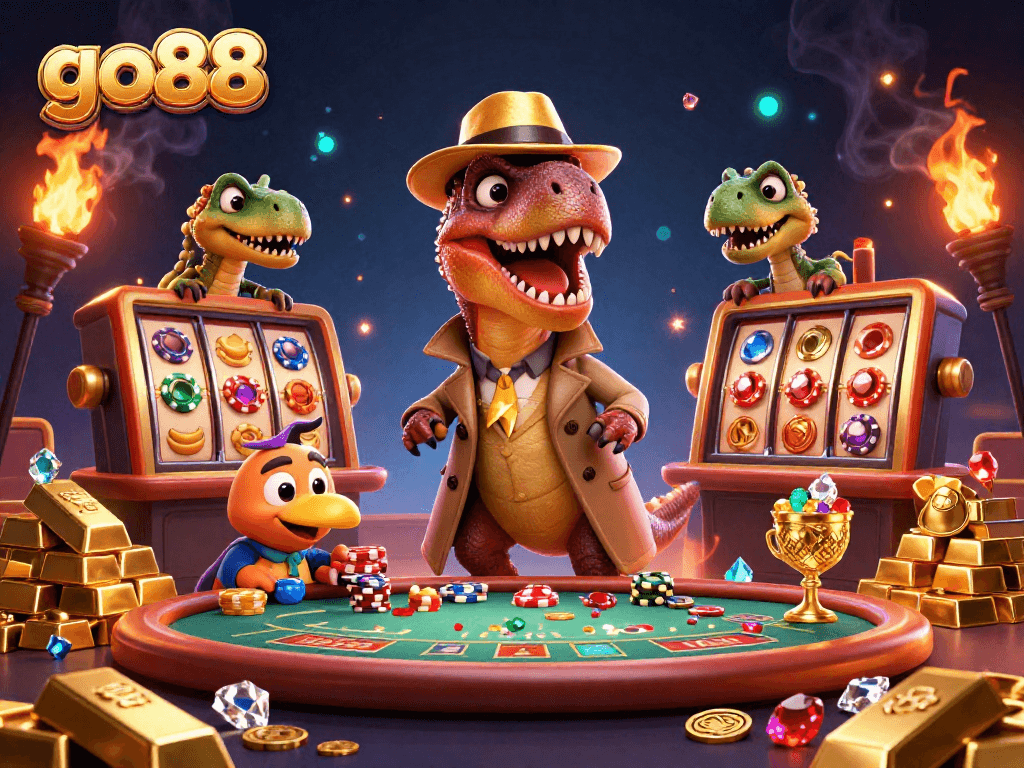Experience the excitement at go88 with a cartoon velociraptor card counter amid a rich casino scene.
