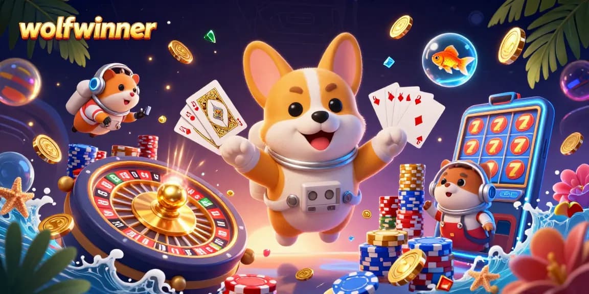 Experience wolfwinner's exciting casino atmosphere with a floating corgi, coins, and roulette.
