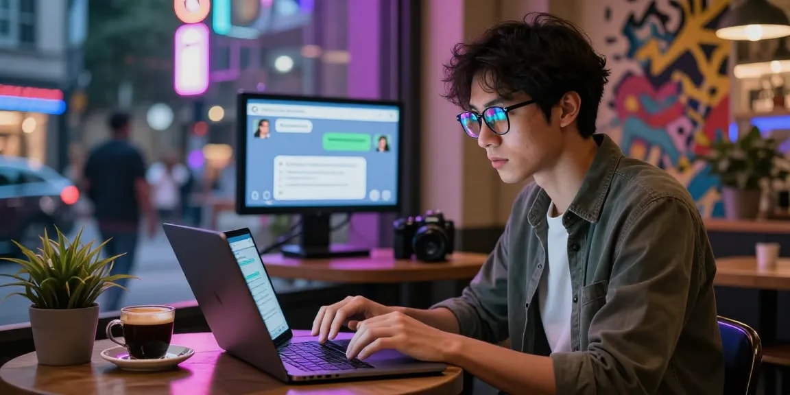 Engaging in ai porn chat on a modern laptop in a lively urban café