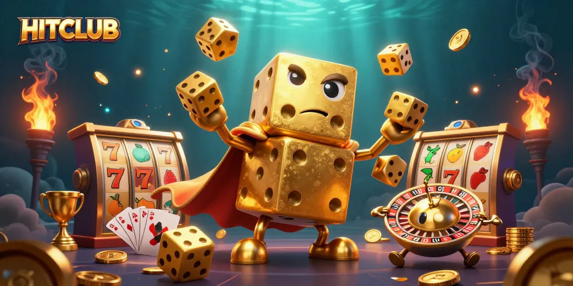 Play slots at HITCLUB, featuring dynamic golden dice creatures and thrilling casino elements.