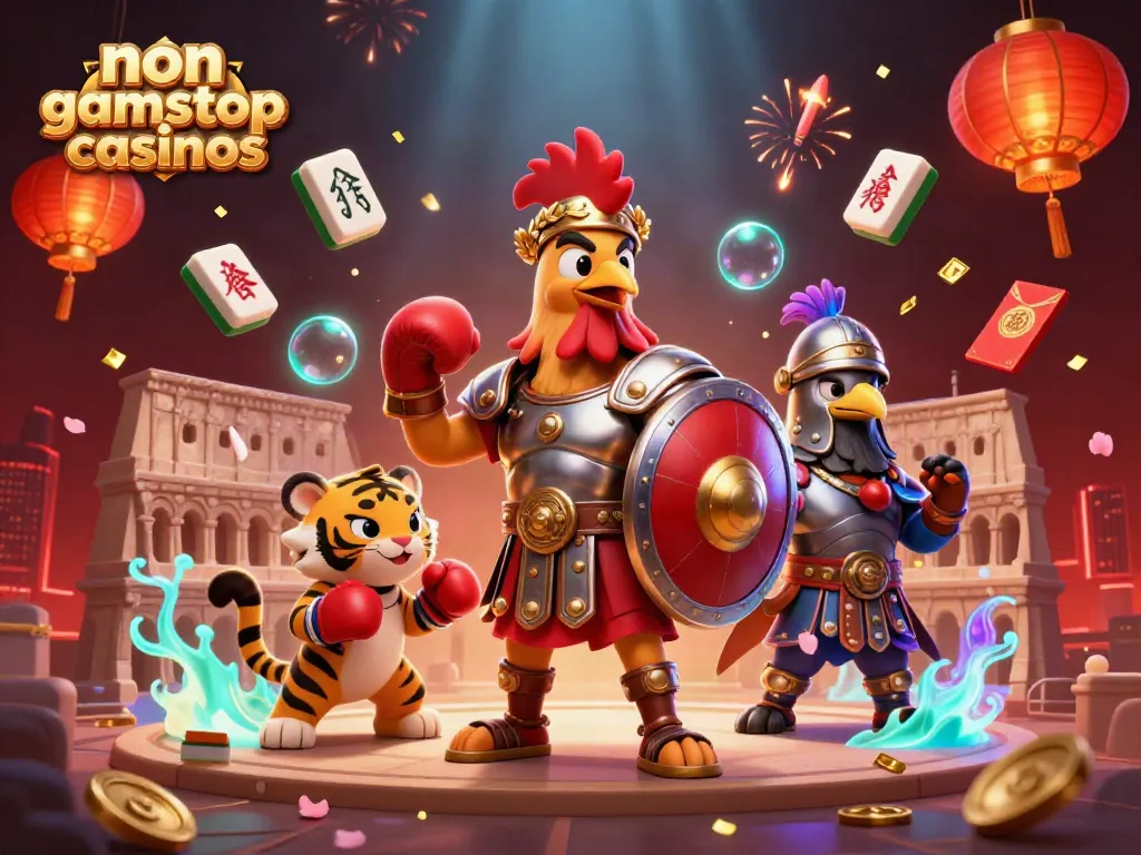 Experience the excitement of non gamstop casinos with a vibrant 3D gladiator rooster in an action-packed scene.