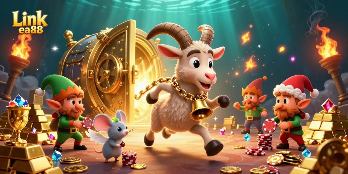 Experience casino thrills at Link ea88 with lively characters amidst gold and jewels.