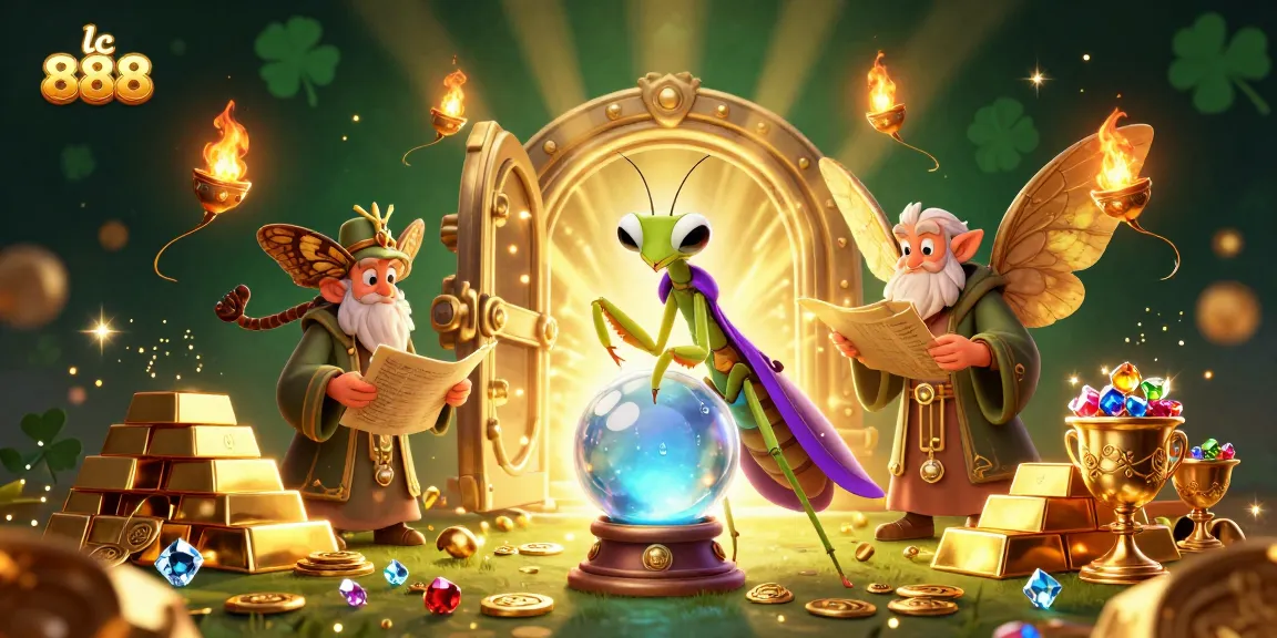 Play thrilling games at lc 888 with a vibrant scene of fortune tellers, treasure, and dynamic casino elements.