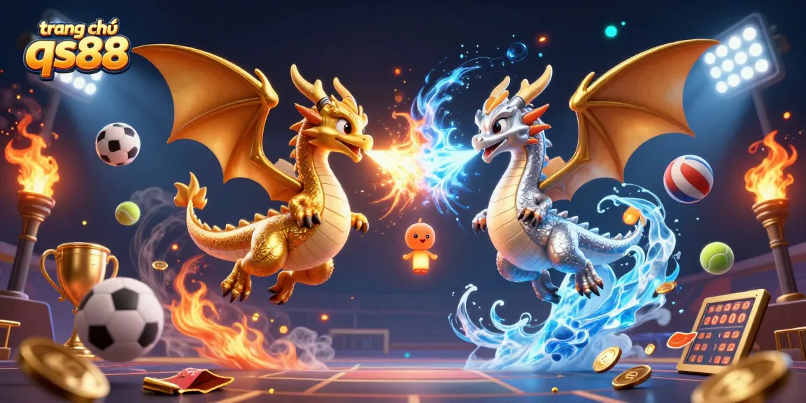 Experience the excitement at trang chủ qs88 with a captivating 3D casino scene featuring dynamic dragons and sports elements.