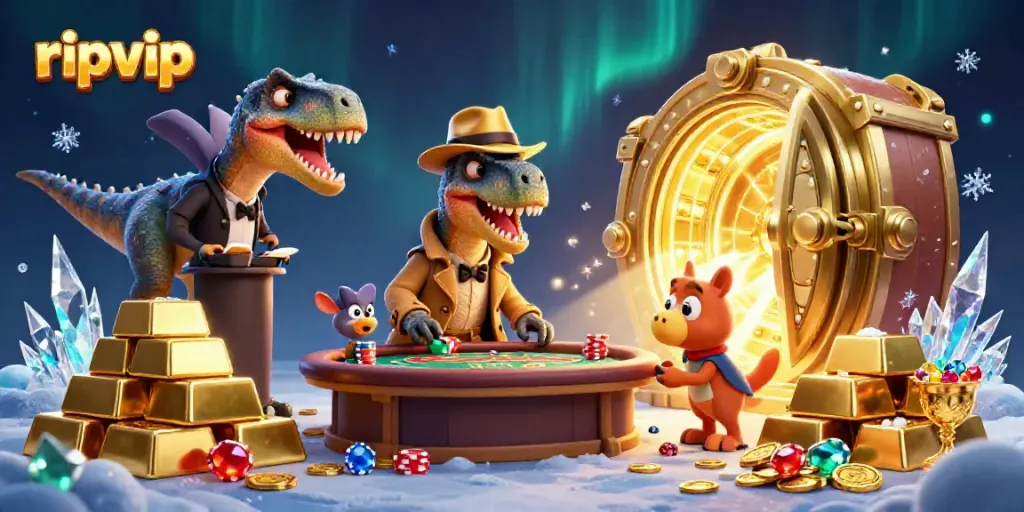 Experience the thrill of ripvip with a cartoon velociraptor at a blackjack table surrounded by gold and jewels.