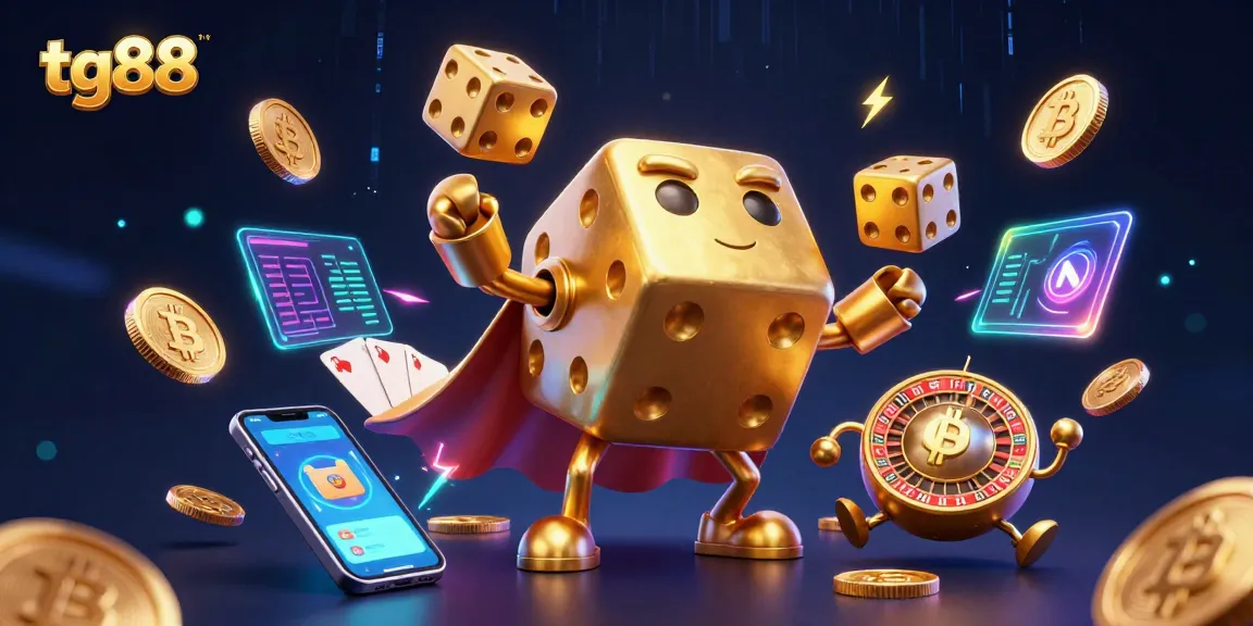 Join the fun at tg88, where the lively dice golem juggles excitement amid glowing crypto elements in a vibrant casino scene.