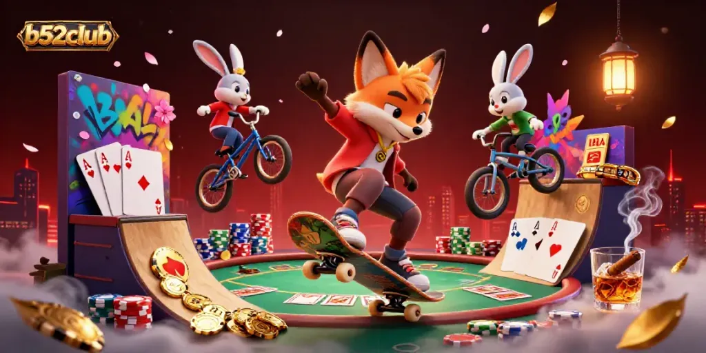 Experience thrilling games at b52club with a vibrant 3D scene featuring a skateboarder fox and BMX-riding rabbit.