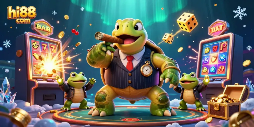 Experience the excitement of hi88 com's casino with a vibrant 3D illustration of characters, games, and jackpots.