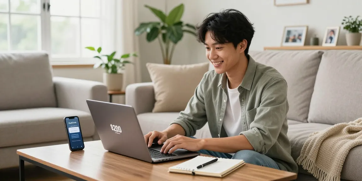 Young professional applying for a $200 loan online with RadCred in a cozy living room, exuding a supportive atmosphere.
