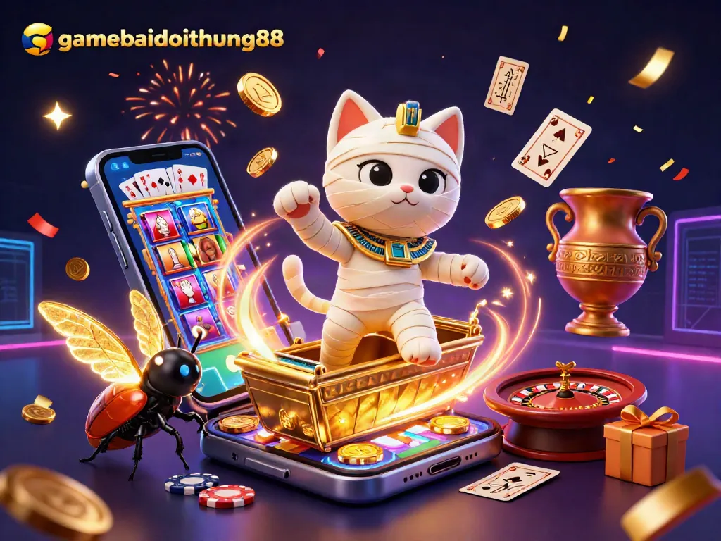 Engage with gamebaidoithuong88 slots, as an Egyptian mummy cat unveils casino treasures.