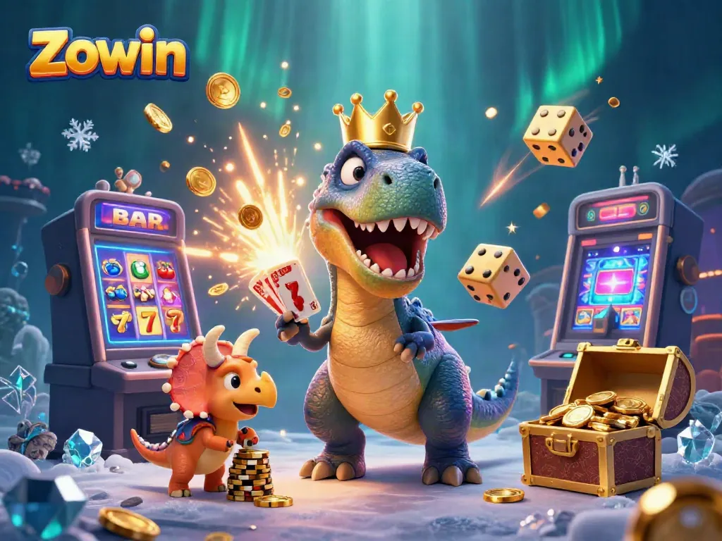 Experience Zowin's thrilling casino action with friendly characters and a jackpot explosion scene.