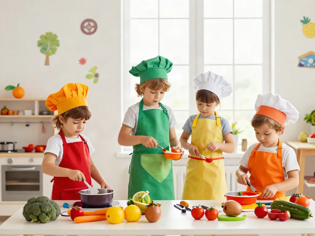 Children playing with a toy kitchen, surrounded by colourful food items in a joyful playroom.