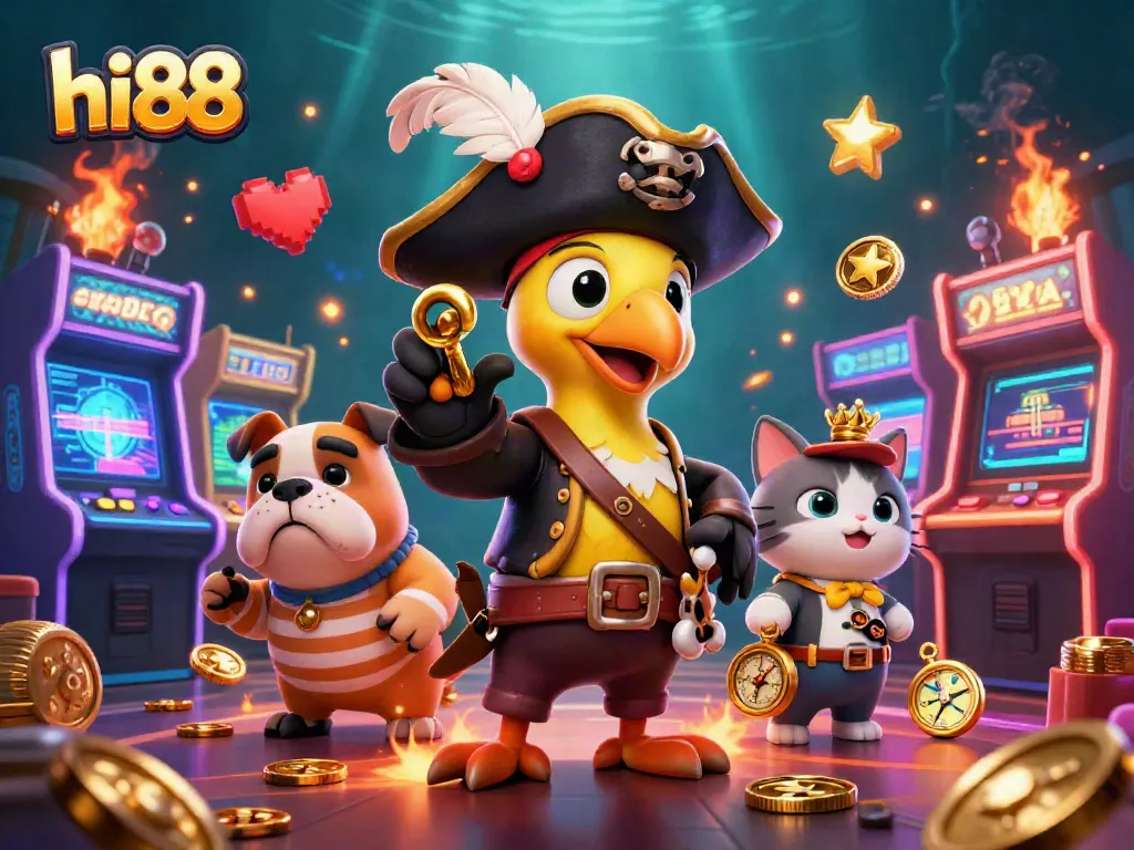 Engage in gaming excitement with hi88's vibrant casino illustration showcasing a pirate captain and companions.