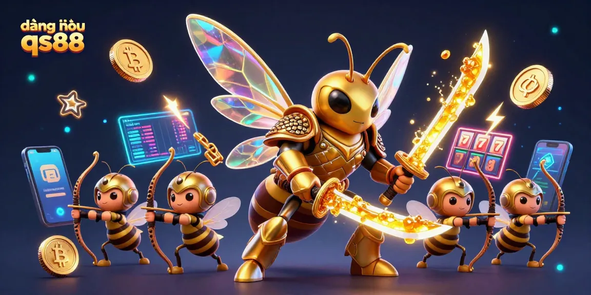 Engage in the world of đăng nhập qs88 with this vibrant 3D hornet-themed casino illustration, showcasing dynamic elements and gaming symbols.