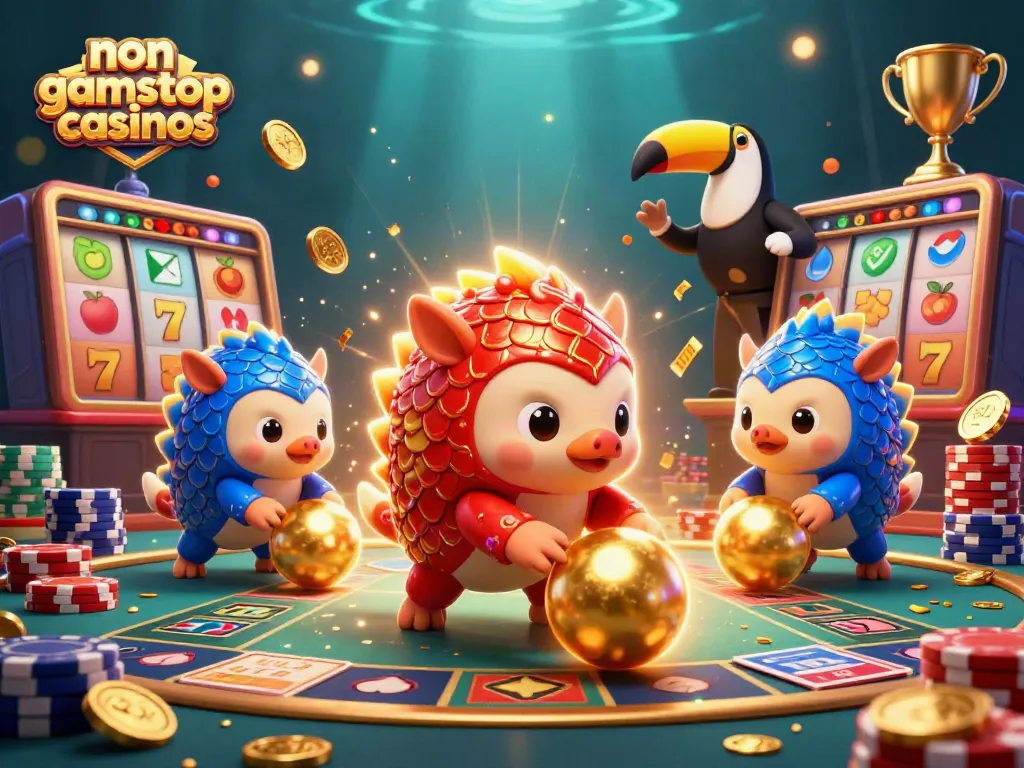 Pangolins engaging in a vibrant game at non gamstop casinos, with exciting casino elements and golden visuals.