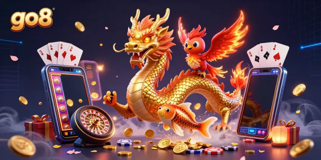 Experience thrilling gameplay at go8 with a vibrant golden dragon and fortune elements showering coins in a colorful casino scene.