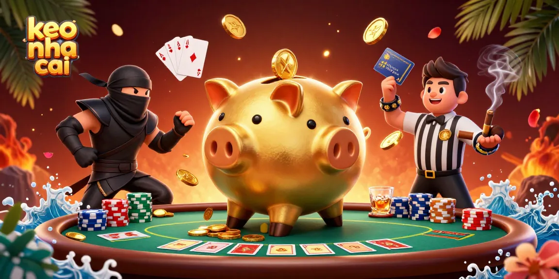 Engage in exciting keo nha cai action with a golden piggy bank sumo wrestler, wallet ninja, and credit card samurai.