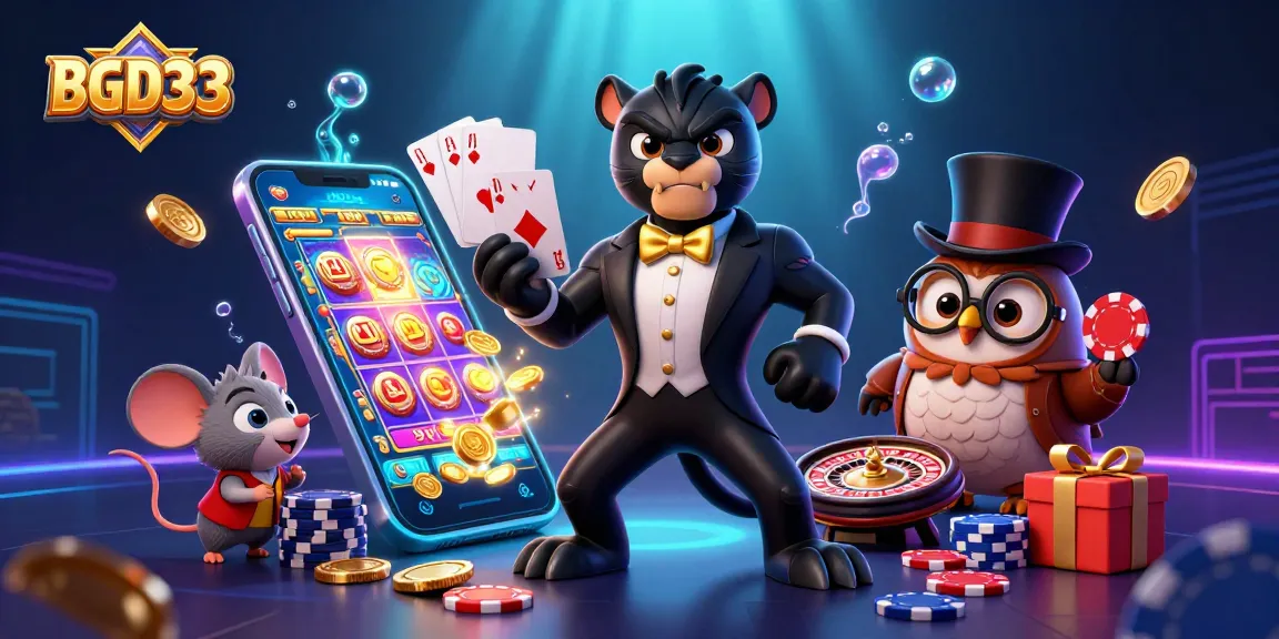 Experience excitement with BGD33 as a stylish panther deals cards with friends in an engaging casino scene.
