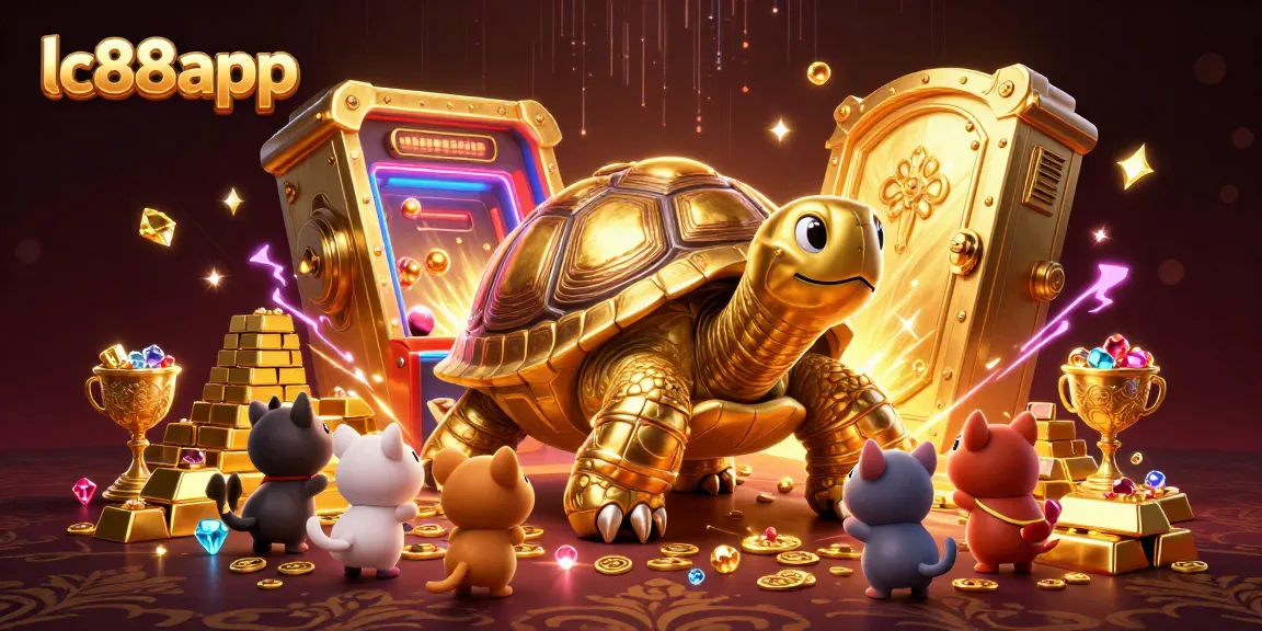 Spin the reels with lc88app's vibrant casino experience featuring a colossal golden tortoise and treasure elements.
