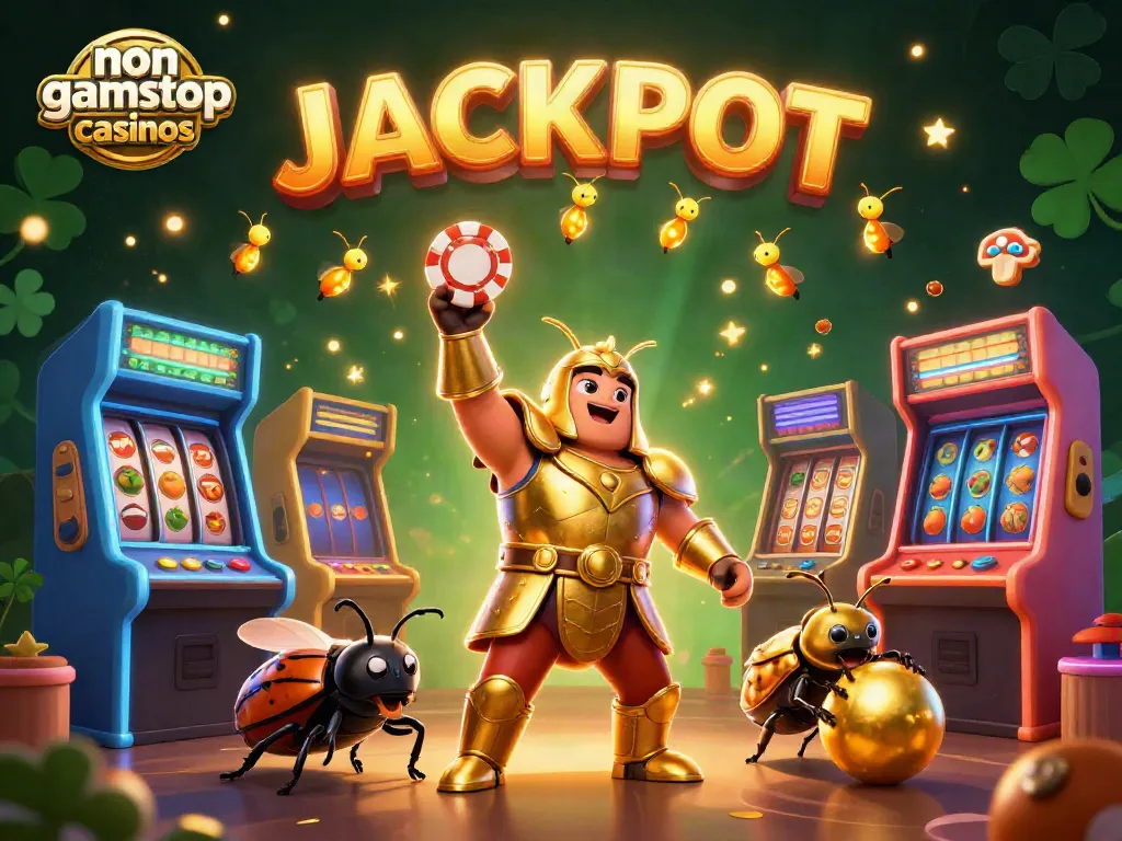 Engage with non gamstop casinos in a vibrant 3D cosmic scene featuring animated beetles and colorful gaming elements.