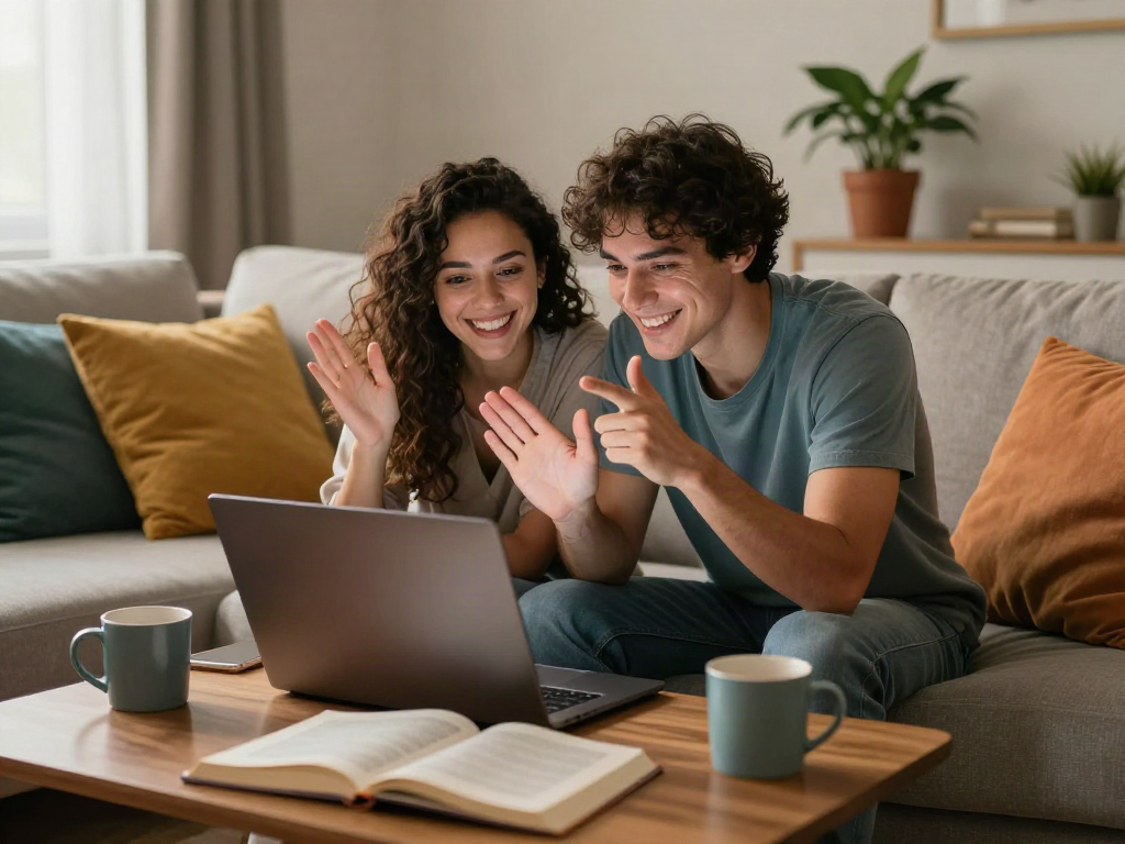 Engaging ai porn chat moment between a couple on a laptop in a cozy setting.
