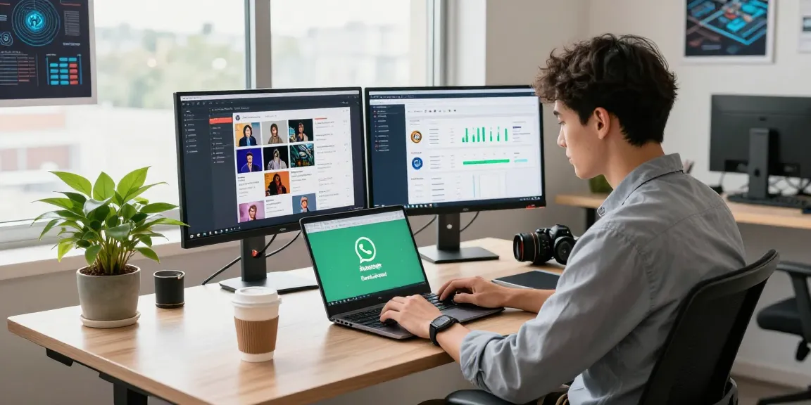 Professional in a modern workspace using WhatsApp下載 on multiple screens with natural light.
