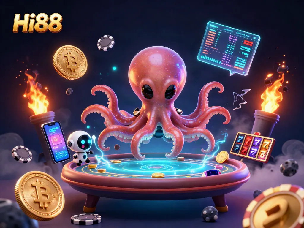 Experience thrilling gameplay at Hi88 with a vibrant alien octopus and crypto elements.