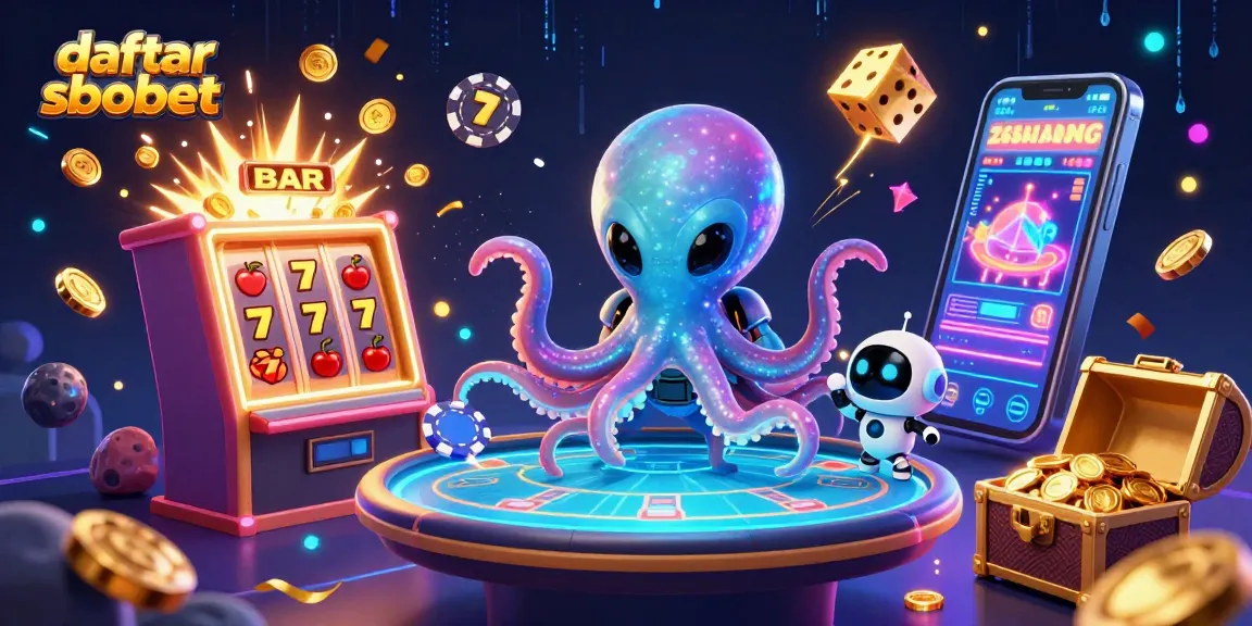 Experience the excitement of daftar sbobet with a cosmic-themed 3D illustration showcasing gambling elements.