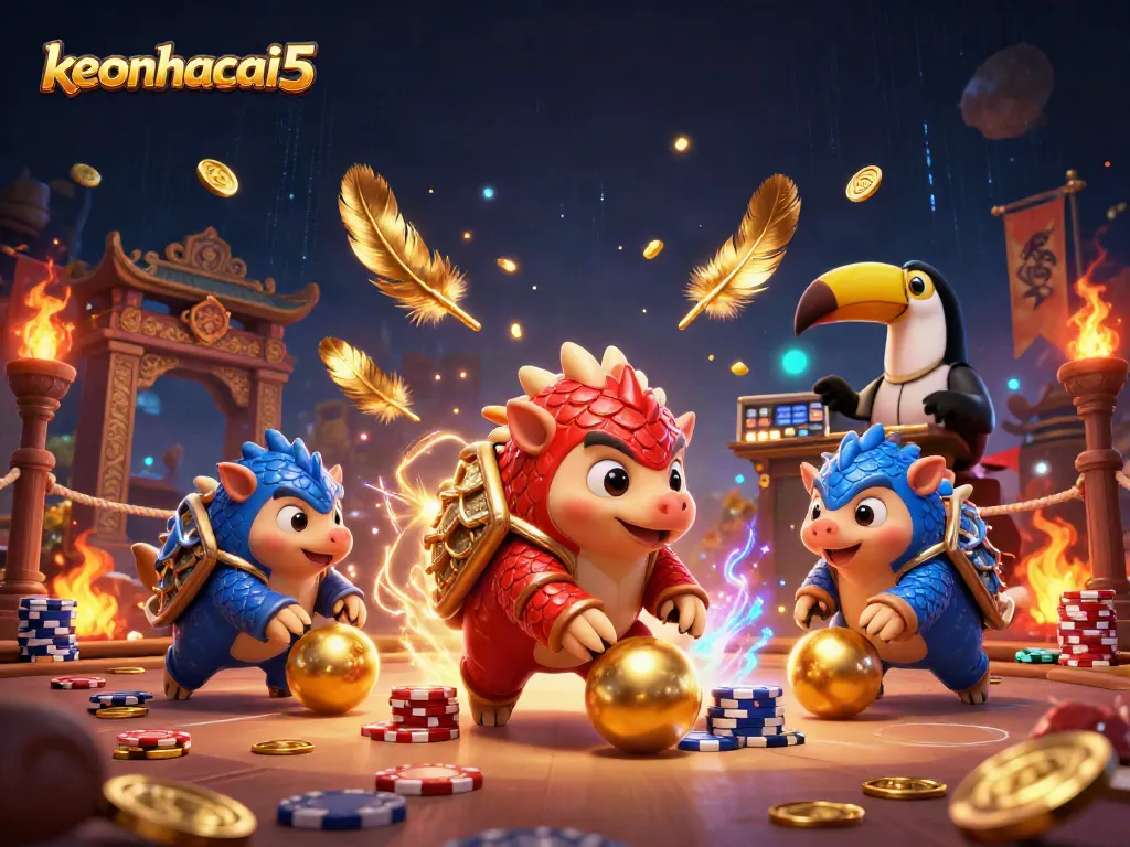 Keonhacai5 features rival pangolins in an action-packed gambling scene with poker chips.