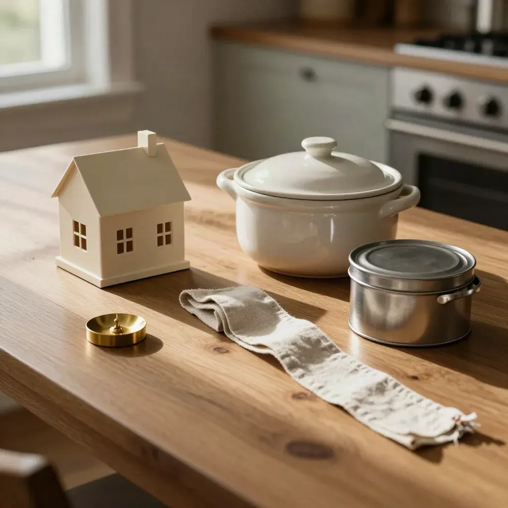 Overhead goal-planning table with house, retirement pot, school-fee tin and linen divider.