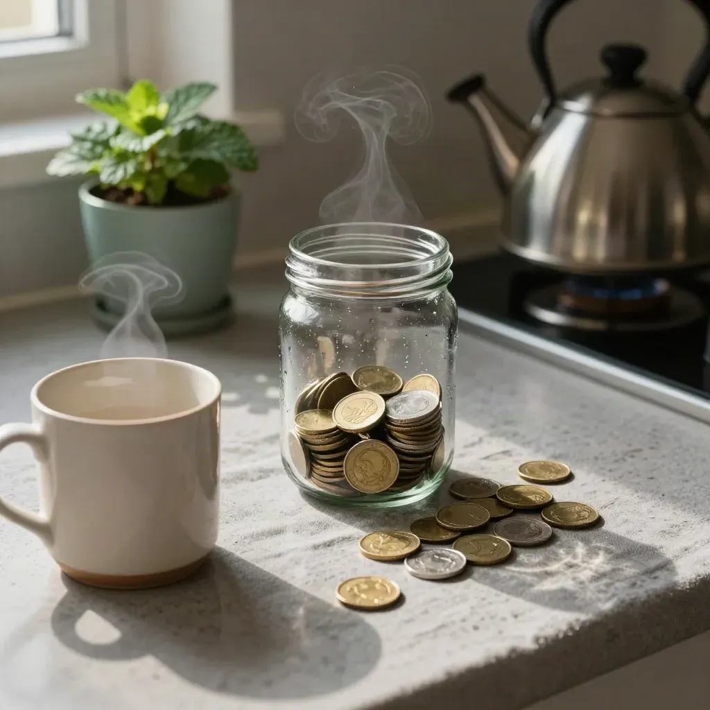 Savings jar with settling coins, mug, plant pot and kettle shadow in a morning kitchen.