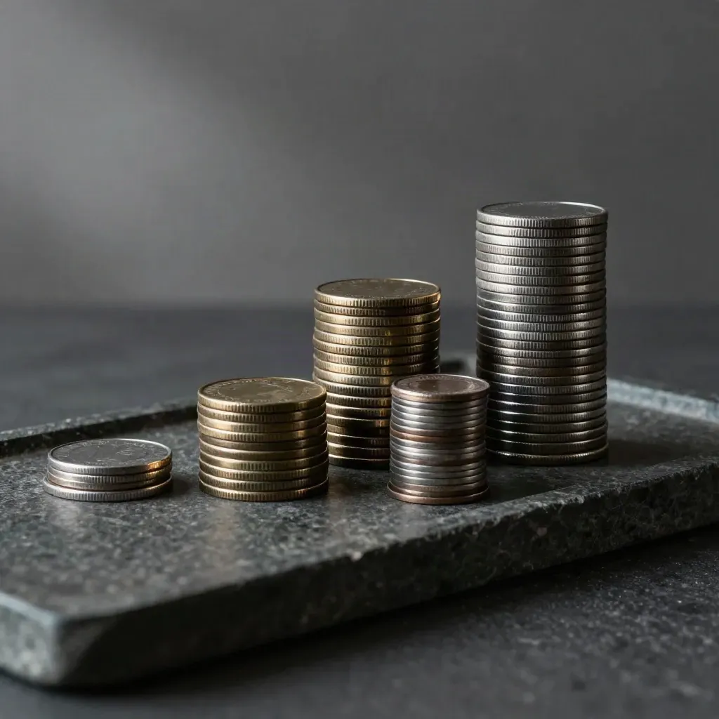Three stepped stone trays with rising stacks of metal tokens in a moody finance interior.