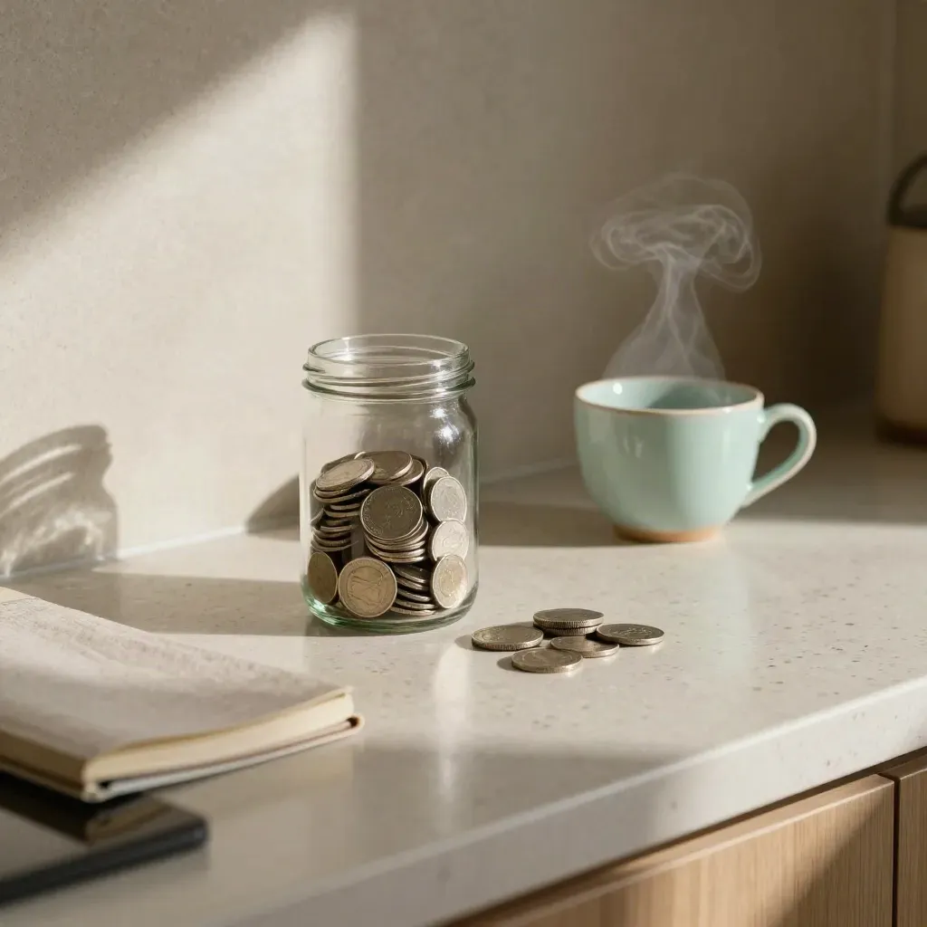 Mint cup, coin-filled savings jar and closed notebook on a warm kitchen counter.