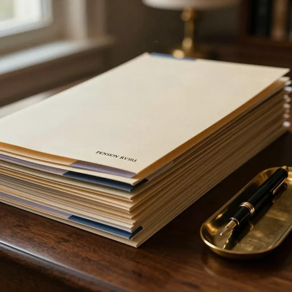 Folders, fountain pen and brass tray on a dark table in warm afternoon light.